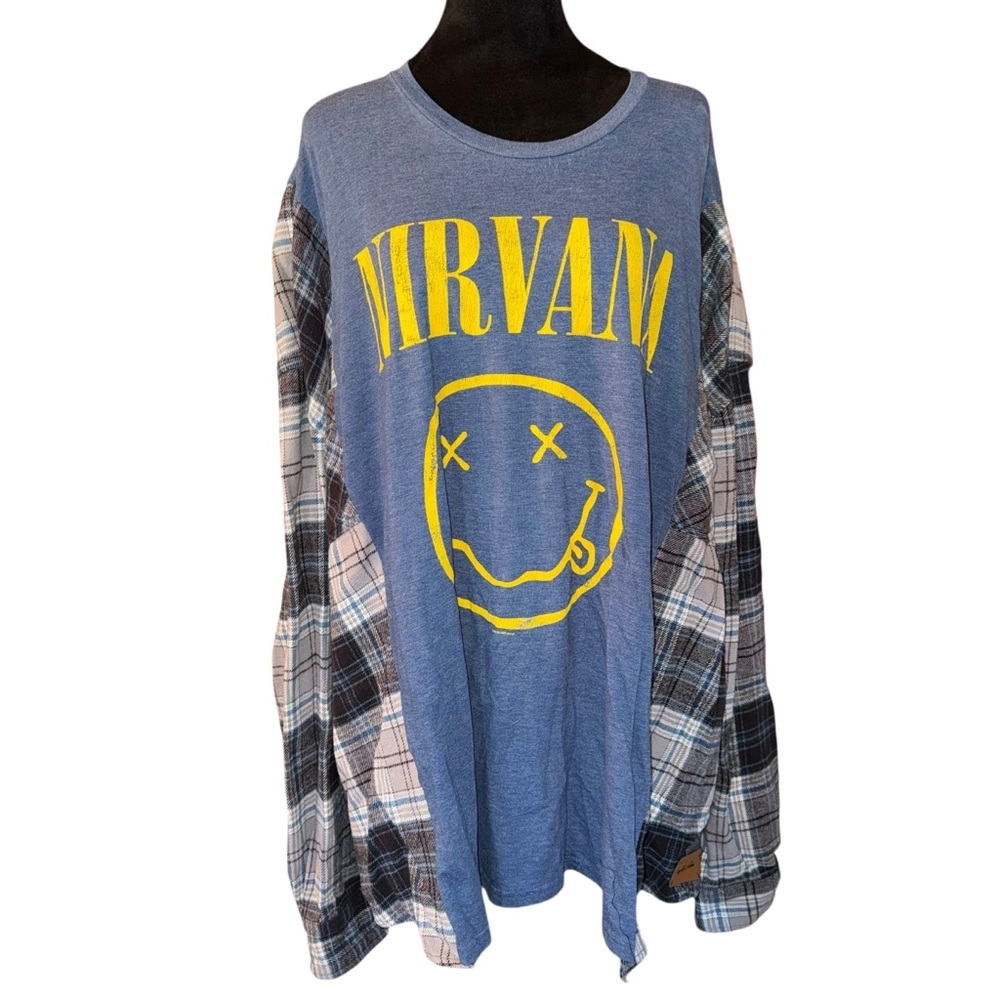 Nirvana Blue Graphic Long Sleeve Tee with Plaid Sleeves